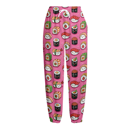 Cute Sushi And Rolls Pattern Print Fleece Lined Knit Pants