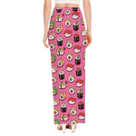 Cute Sushi And Rolls Pattern Print High Slit Maxi Skirt