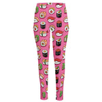 Cute Sushi And Rolls Pattern Print High-Waisted Pocket Leggings