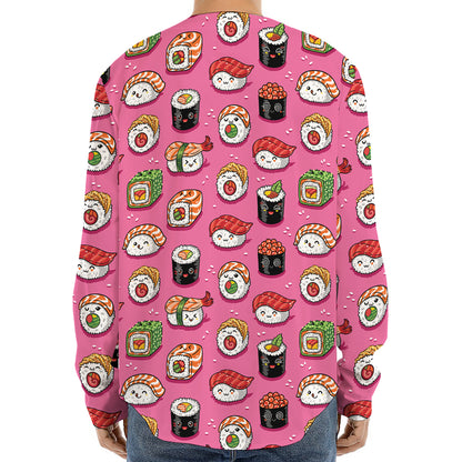 Cute Sushi And Rolls Pattern Print Long Sleeve Baseball Jersey