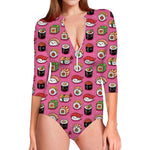 Cute Sushi And Rolls Pattern Print Long Sleeve Swimsuit