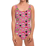Cute Sushi And Rolls Pattern Print One Piece Swimsuit