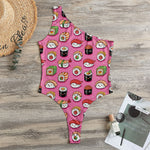 Cute Sushi And Rolls Pattern Print One Shoulder Bodysuit