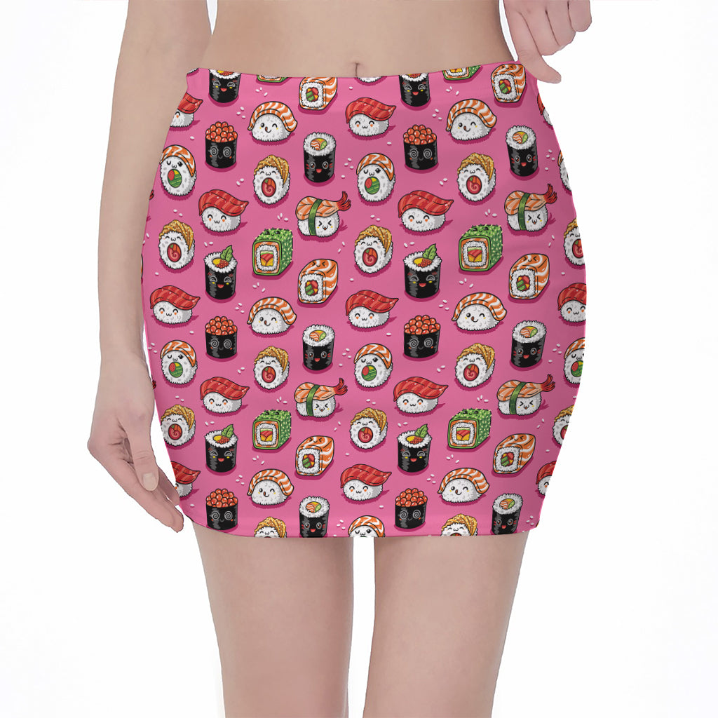 Cute Sushi And Rolls Pattern Print Pencil Mini Skirt