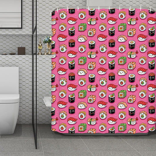 Cute Sushi And Rolls Pattern Print Polyester Shower Curtain