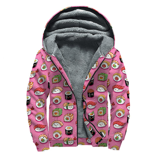 Cute Sushi And Rolls Pattern Print Sherpa Lined Zip Up Hoodie