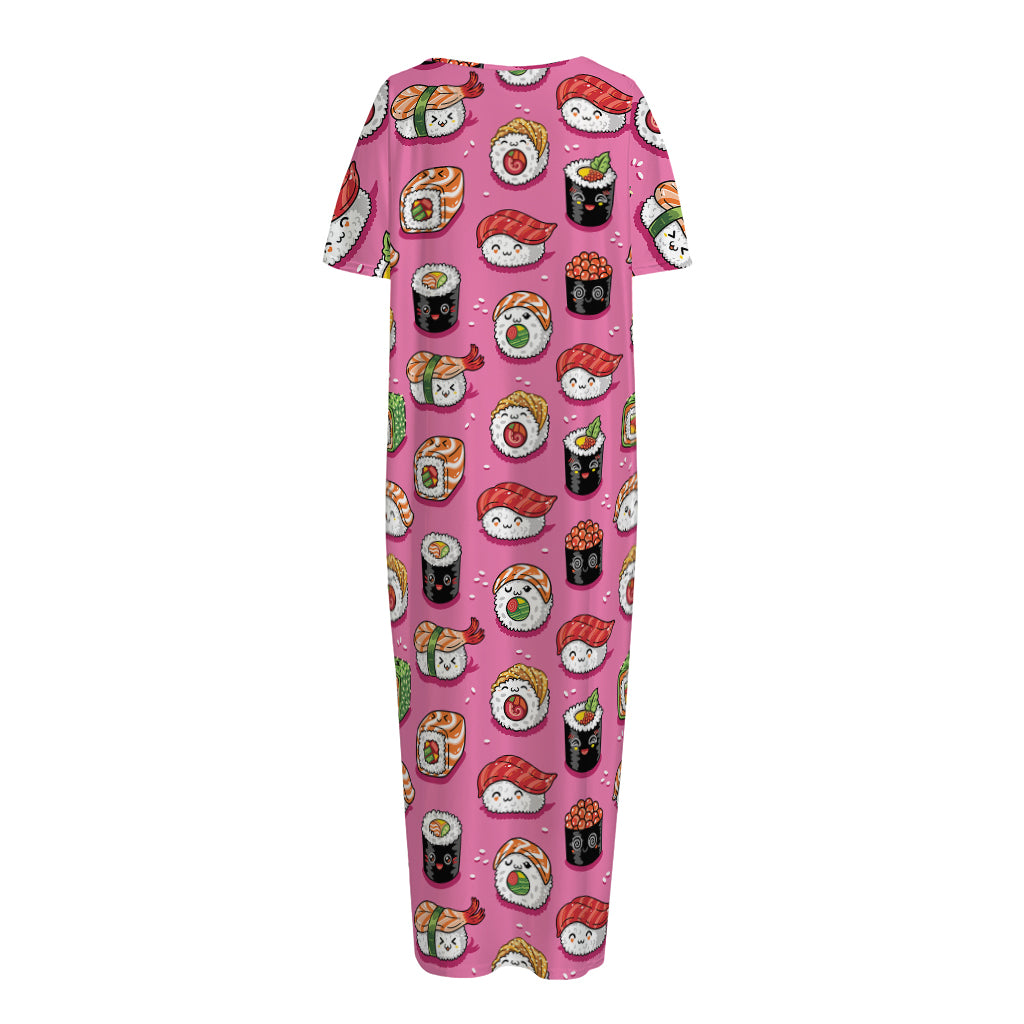 Cute Sushi And Rolls Pattern Print Short Sleeve Long Nightdress
