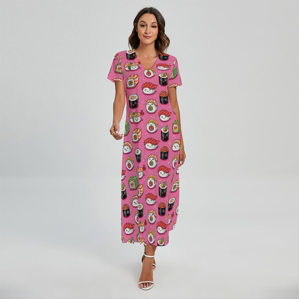 Cute Sushi And Rolls Pattern Print Short Sleeve Maxi Dress