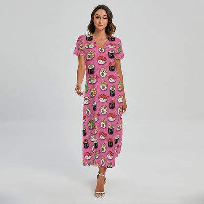 Cute Sushi And Rolls Pattern Print Short Sleeve Maxi Dress