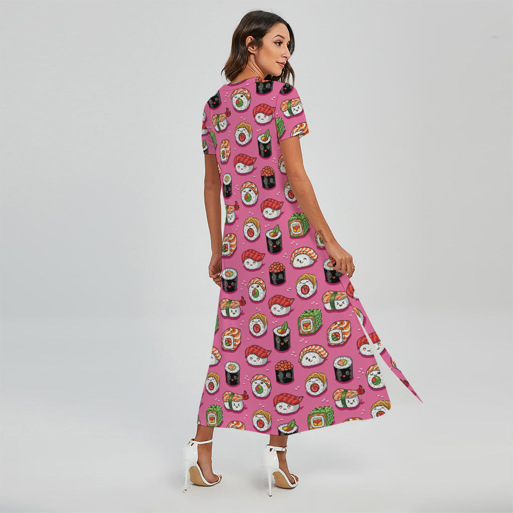 Cute Sushi And Rolls Pattern Print Short Sleeve Maxi Dress