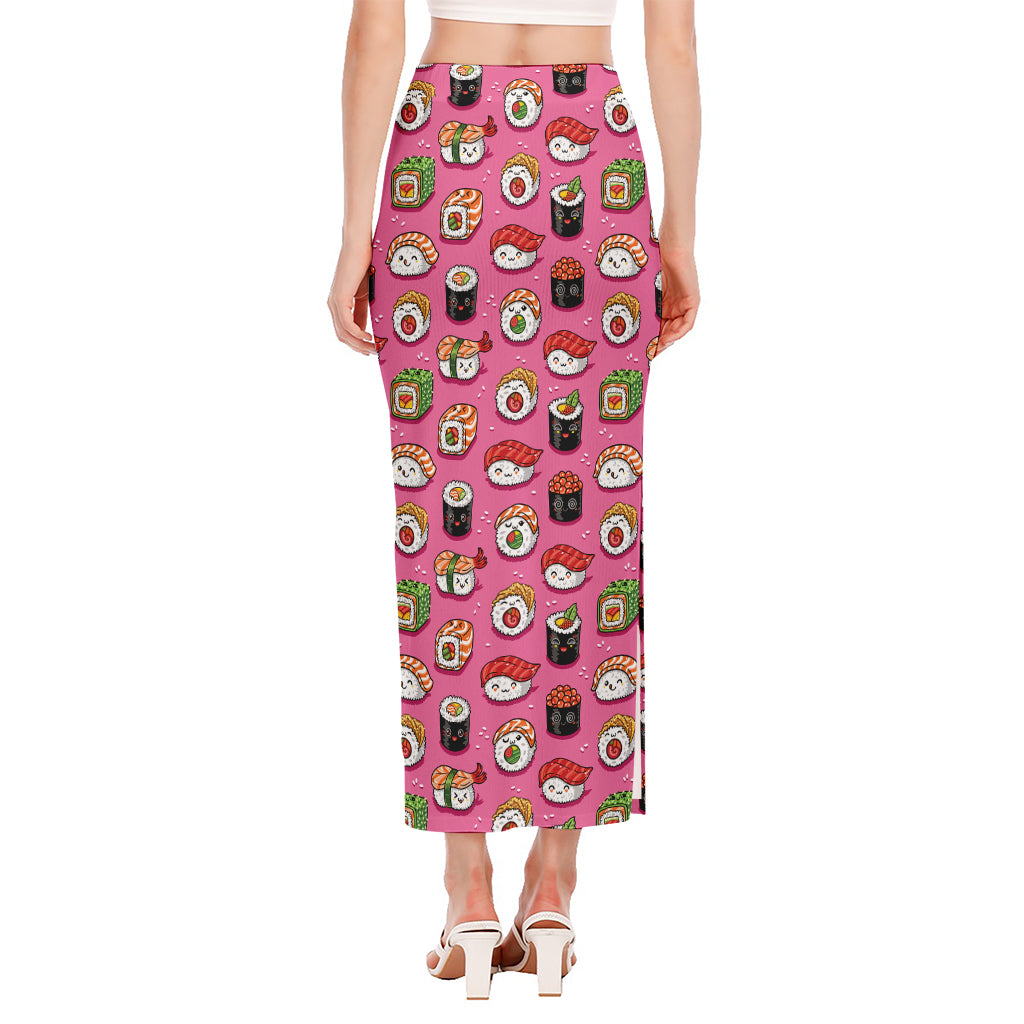 Cute Sushi And Rolls Pattern Print Side Slit Maxi Skirt