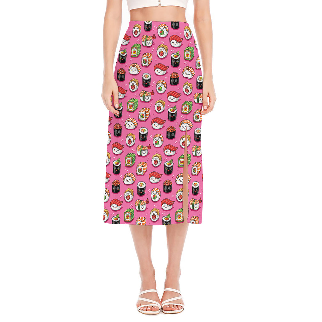 Cute Sushi And Rolls Pattern Print Side Slit Midi Skirt