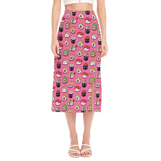 Cute Sushi And Rolls Pattern Print Side Slit Midi Skirt