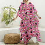 Cute Sushi And Rolls Pattern Print Silk V-Neck Kaftan Dress