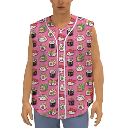 Cute Sushi And Rolls Pattern Print Sleeveless Baseball Jersey