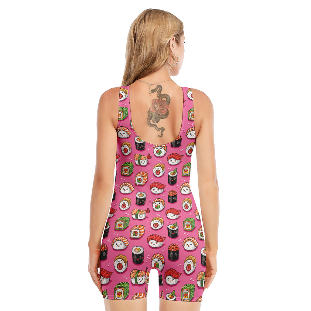 Cute Sushi And Rolls Pattern Print Sleeveless One Piece Swimsuit