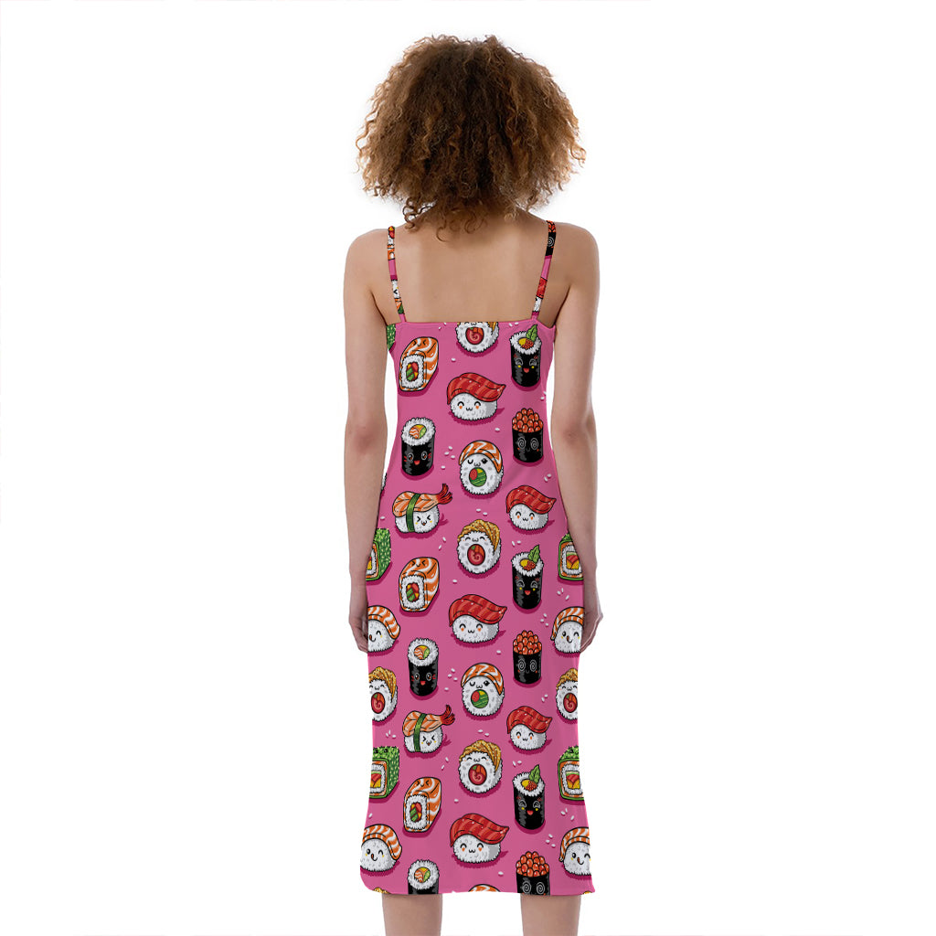 Cute Sushi And Rolls Pattern Print Slim Fit Midi Cami Dress