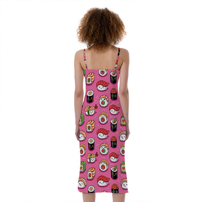 Cute Sushi And Rolls Pattern Print Slim Fit Midi Cami Dress