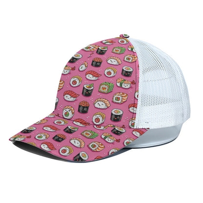 Cute Sushi And Rolls Pattern Print White Mesh Trucker Cap