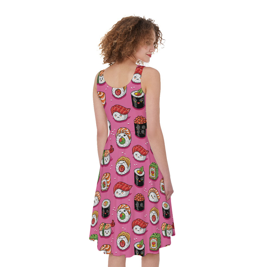 Cute Sushi And Rolls Pattern Print Women's Sleeveless Dress