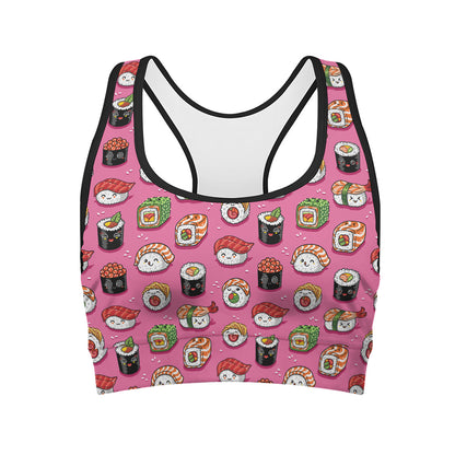 Cute Sushi And Rolls Pattern Print Women's Sports Bra