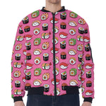 Cute Sushi And Rolls Pattern Print Zip Sleeve Bomber Jacket