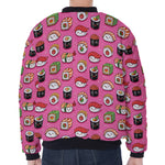 Cute Sushi And Rolls Pattern Print Zip Sleeve Bomber Jacket