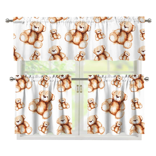 Cute Teddy Bear Pattern Print 3 Piece Kitchen Curtains