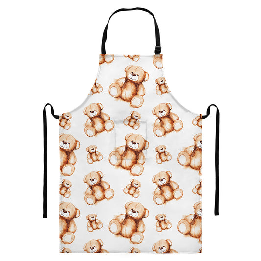 Cute Teddy Bear Pattern Print Bib Apron With Pocket