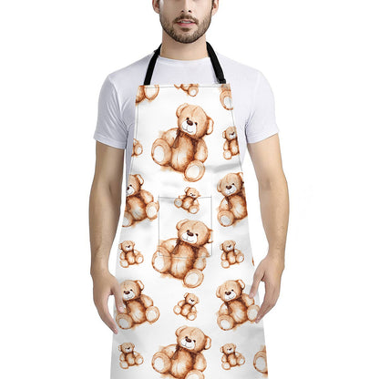 Cute Teddy Bear Pattern Print Bib Apron With Pocket