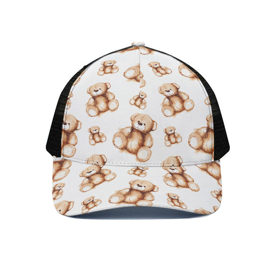 Cute Teddy Bear Pattern Print Black Mesh Trucker Cap
