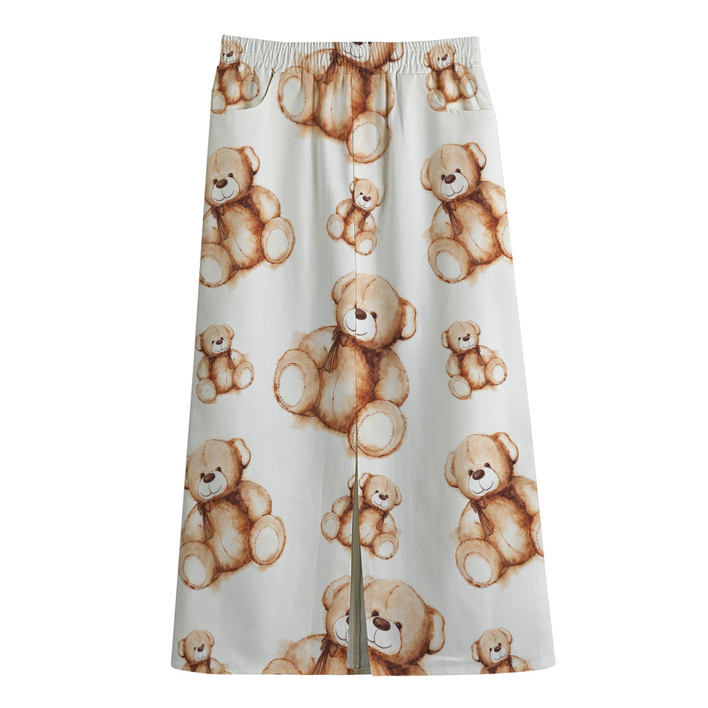 Cute Teddy Bear Pattern Print Cotton Front Slit Maxi Skirt