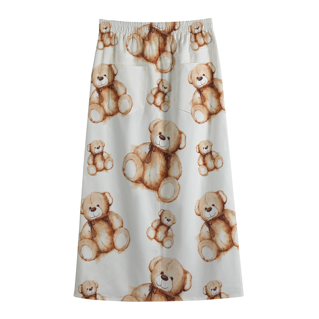 Cute Teddy Bear Pattern Print Cotton Front Slit Maxi Skirt