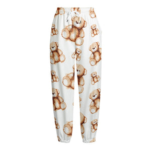 Cute Teddy Bear Pattern Print Fleece Lined Knit Pants