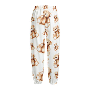 Cute Teddy Bear Pattern Print Fleece Lined Knit Pants