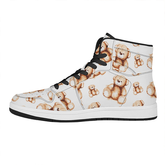 Cute Teddy Bear Pattern Print High Top Leather Sneakers