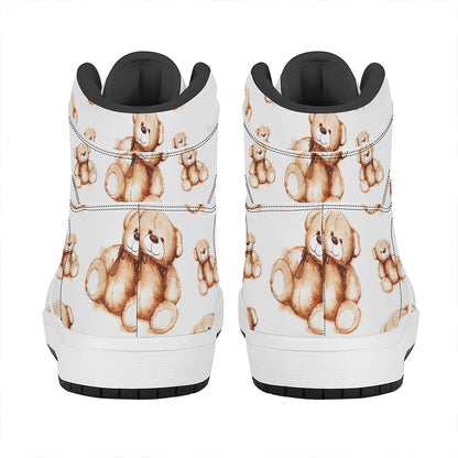 Cute Teddy Bear Pattern Print High Top Leather Sneakers