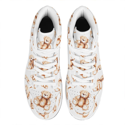 Cute Teddy Bear Pattern Print High Top Leather Sneakers