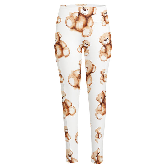 Cute Teddy Bear Pattern Print High-Waisted Pocket Leggings