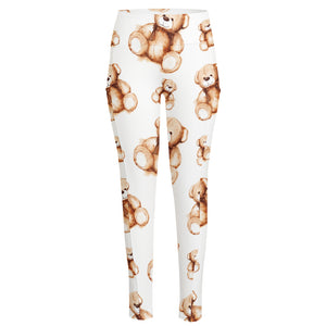 Cute Teddy Bear Pattern Print High-Waisted Pocket Leggings