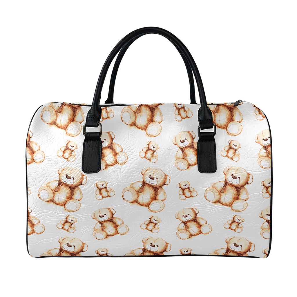 Cute Teddy Bear Pattern Print Leather Duffle Bag
