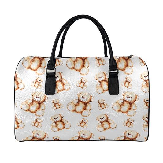 Cute Teddy Bear Pattern Print Leather Duffle Bag
