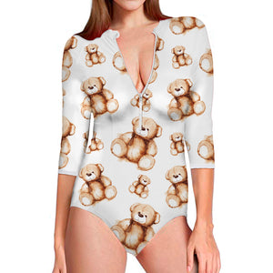 Cute Teddy Bear Pattern Print Long Sleeve Swimsuit