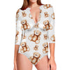 Cute Teddy Bear Pattern Print Long Sleeve Swimsuit