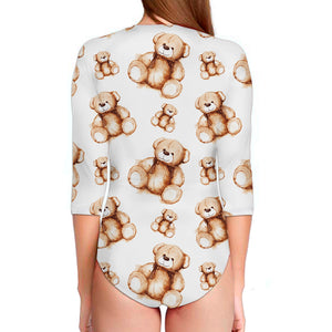 Cute Teddy Bear Pattern Print Long Sleeve Swimsuit