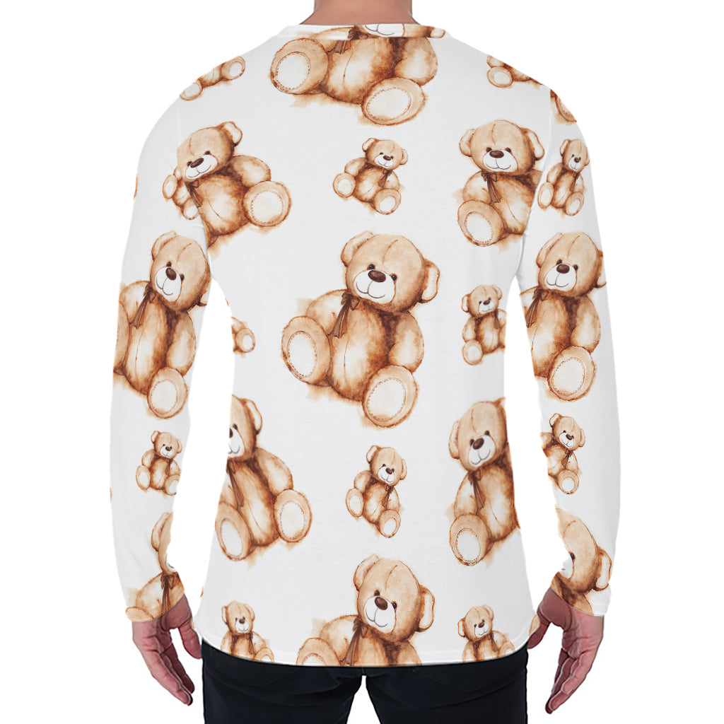 Cute Teddy Bear Pattern Print Men's Long Sleeve T-Shirt