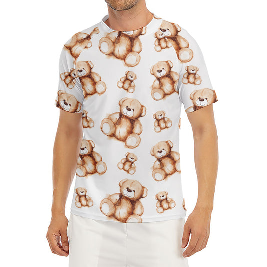 Cute Teddy Bear Pattern Print Men's Short Sleeve Rash Guard