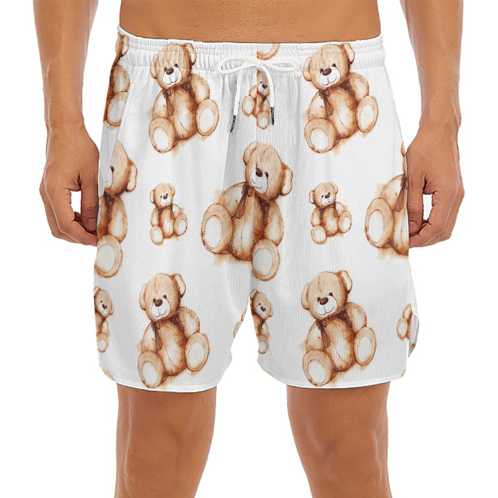 Cute Teddy Bear Pattern Print Men's Split Running Shorts
