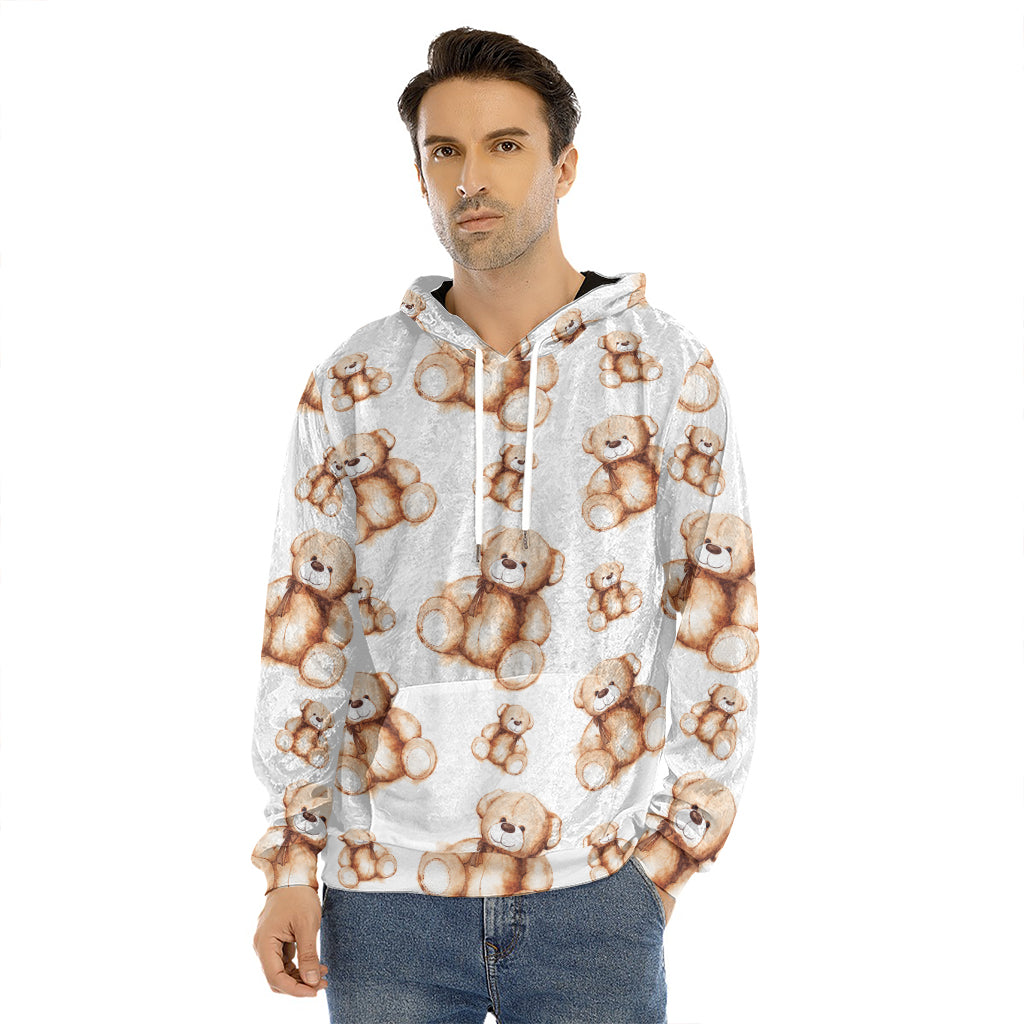Cute Teddy Bear Pattern Print Men's Velvet Pullover Hoodie