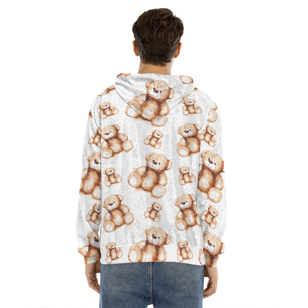 Cute Teddy Bear Pattern Print Men's Velvet Pullover Hoodie